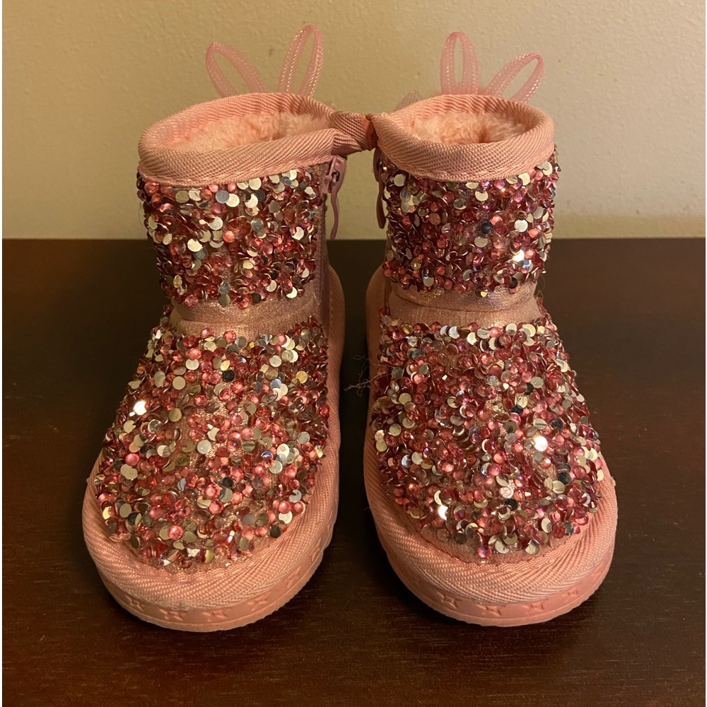 Toddlers Cute Pompom Decor Sequins Fleece-lined Winter Boots